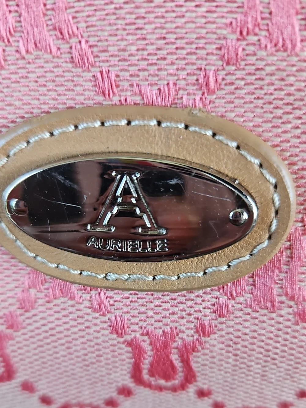 Pink Patterned Crossbody Bag with Tan Trim